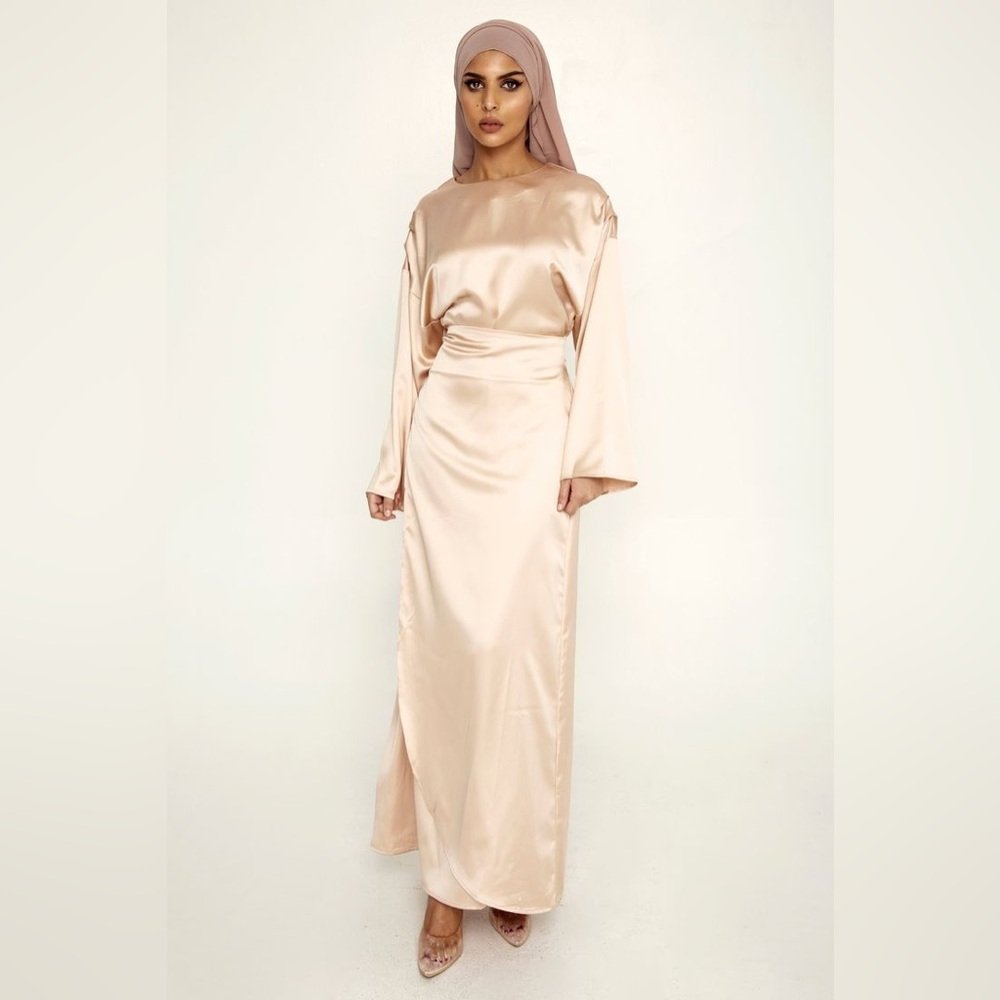 Veiled Collection Sofia Light Gold Satin Wrap Gown